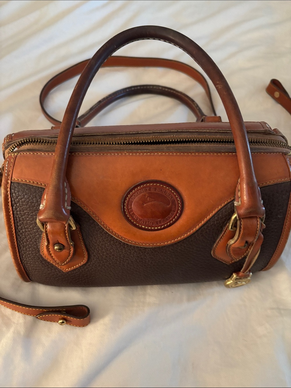Dooney & Bourke Brown and Tan Leather Barrel Satchel with long crossbody strap